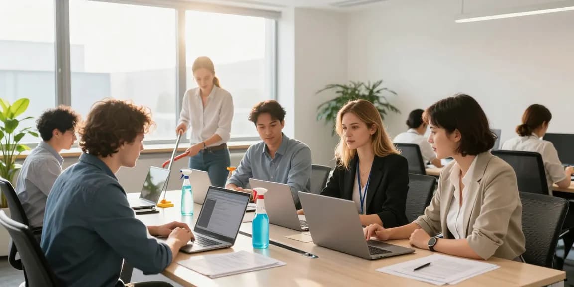 Sauberes Büroumfeld, das professionelle Zusammenarbeit zeigt und die Dienstleistungen der Gebäudereinigung Solothurn für einen sauberen Arbeitsplatz hervorhebt.