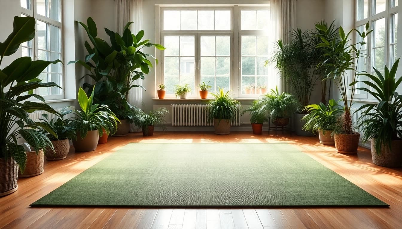 Nagermatte in einem einladenden Wohnzimmer, sanft ausgeleuchtet und mit Pflanzen umgeben.