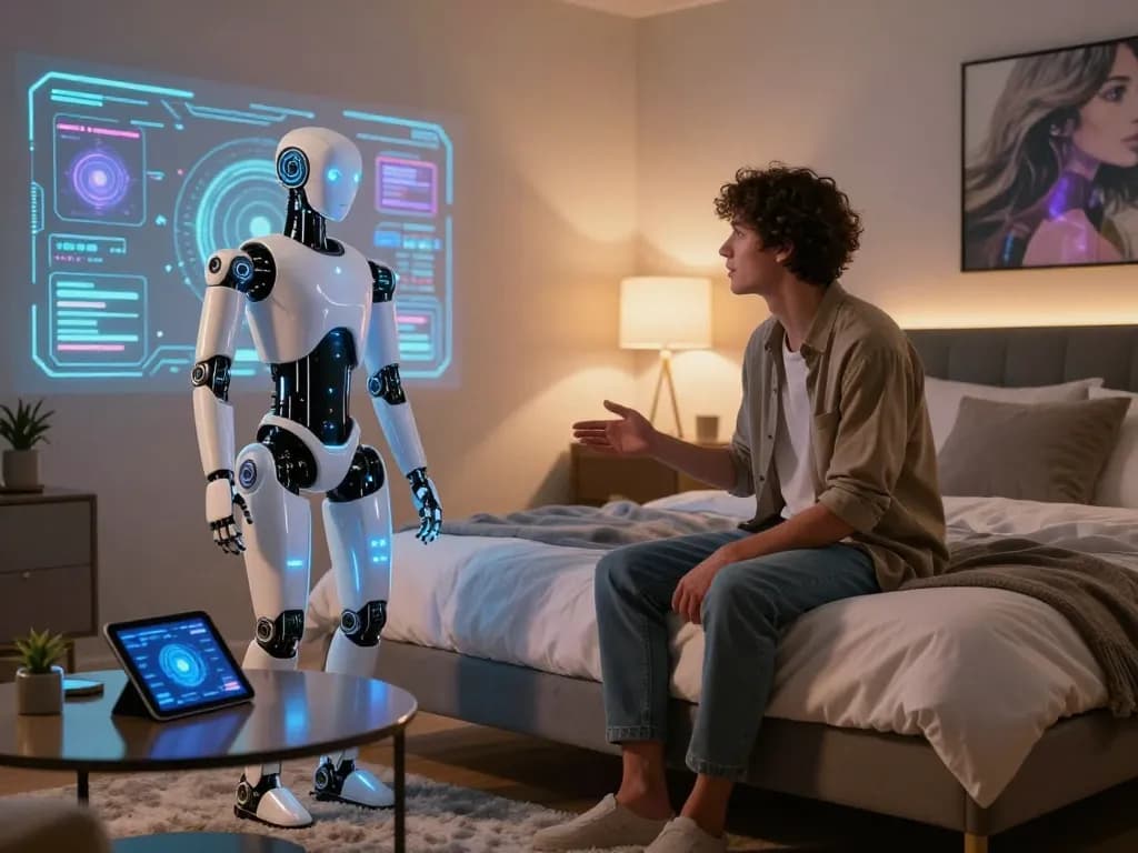 Person interacting with a humanoid sex bot in a modern bedroom, showcasing emotional connection and innovative AI technology.