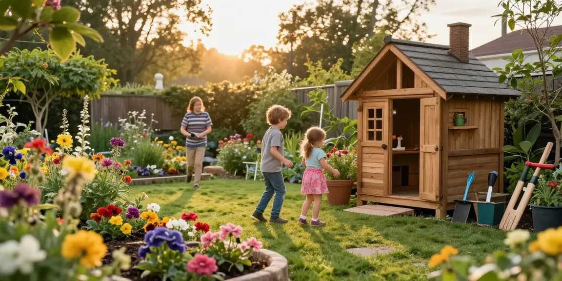 Familie verbringt Zeit im Garten neben einem Gartenhaus mit bunten Blumen.
