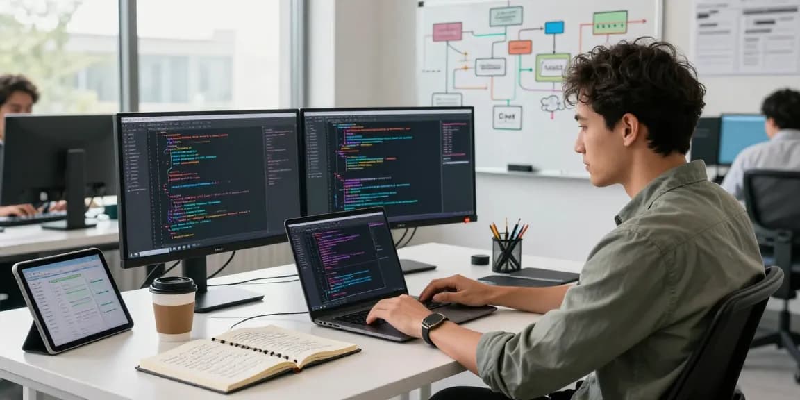 Build internal tools with AI in a modern workspace featuring a developer coding at dual monitors.