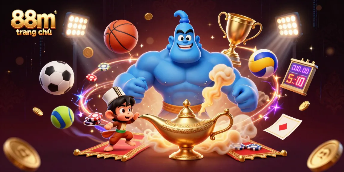 Experience the vibrant energy of 88m trang chủ with a magical genie, poker chips, and dynamic game elements.