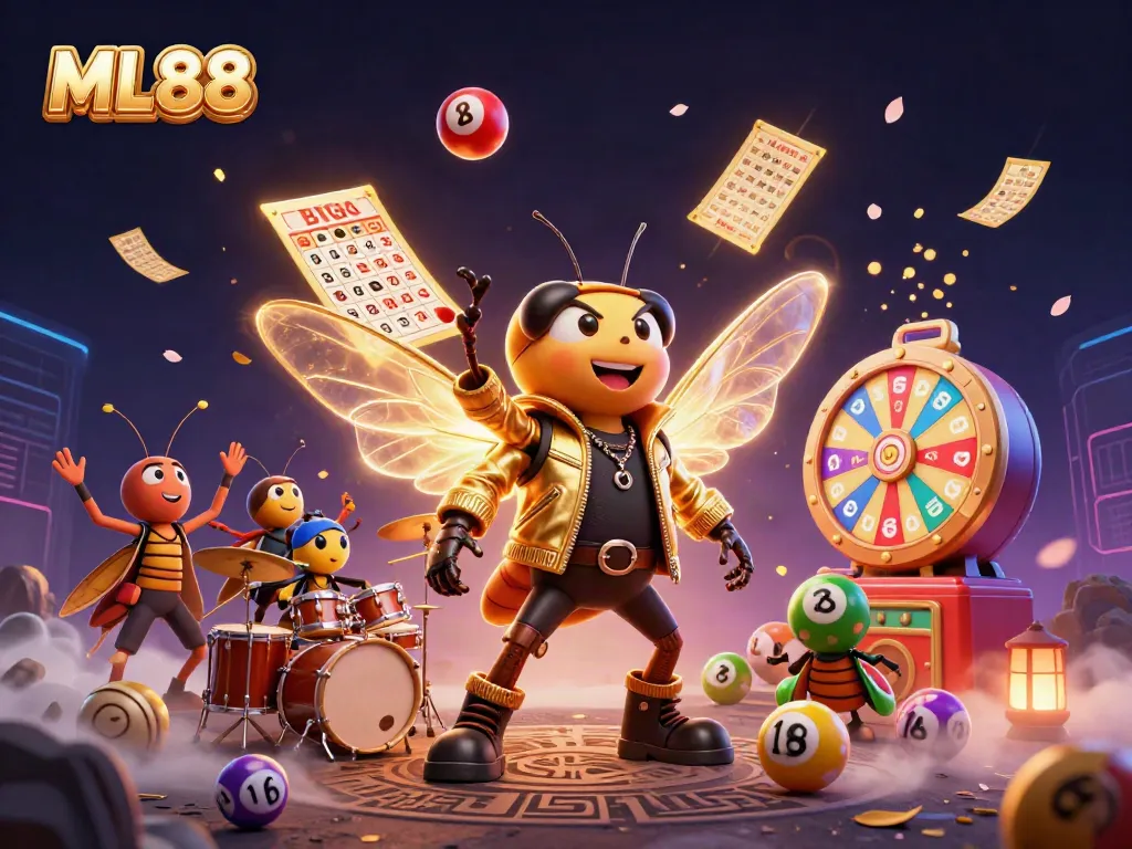Celebrate wins with ML88, featuring a rock star cicada and dynamic gambling elements.