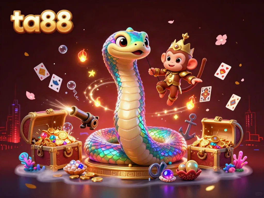 Experience thrilling games at ta88 with a colorful 3D scene featuring a serpent and monkey king celebrating wins.