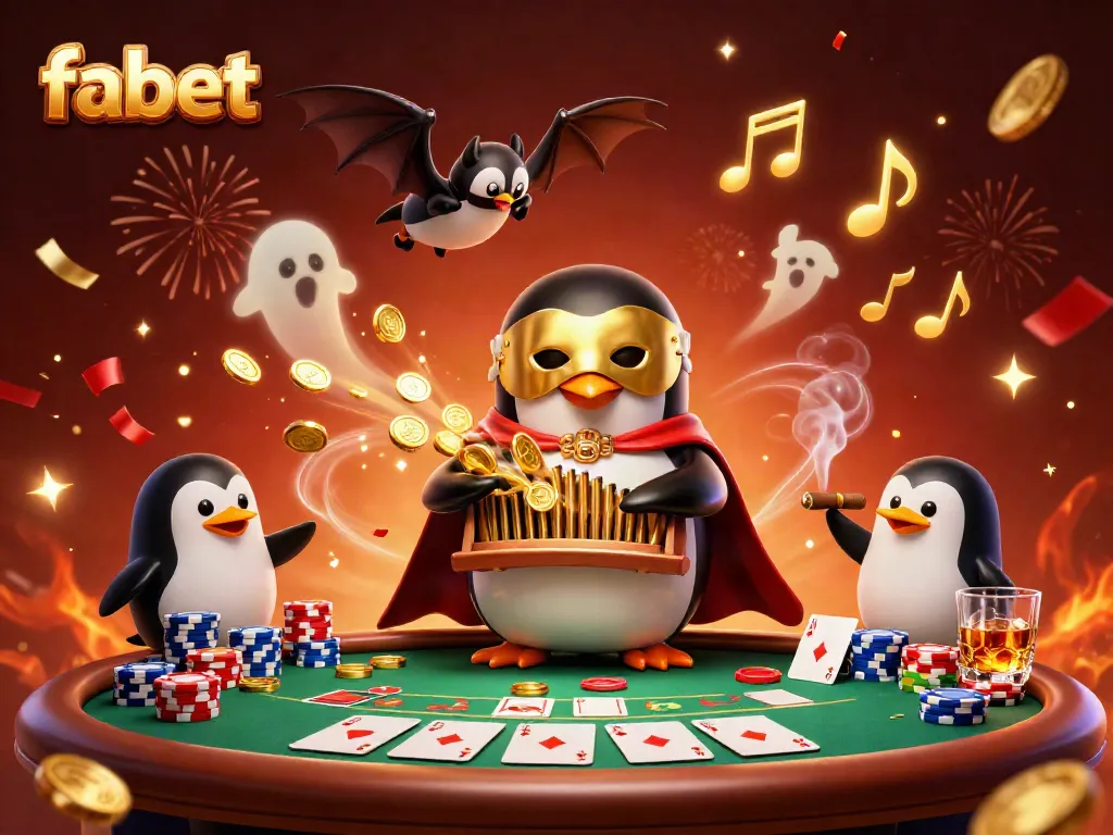Experience the thrilling atmosphere at fabet with a dynamic 3D casino scene featuring a cartoon penguin playing an organ shooting gold coins.