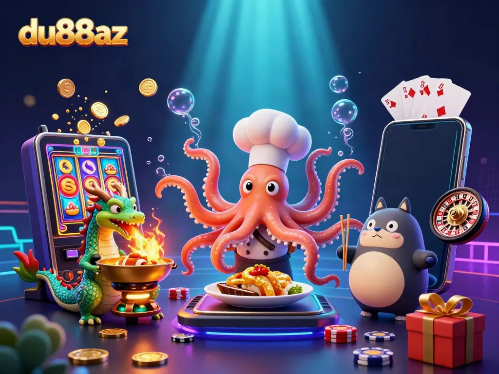 Experience thrilling games at du88az with a rich 3D illustration of a gaming scene featuring unique characters and vibrant elements.
