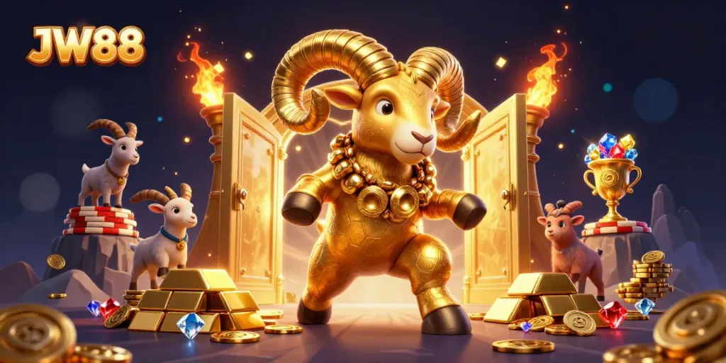 Experience fun and excitement at JW88 with the dynamic golden ram charging through treasure gates.