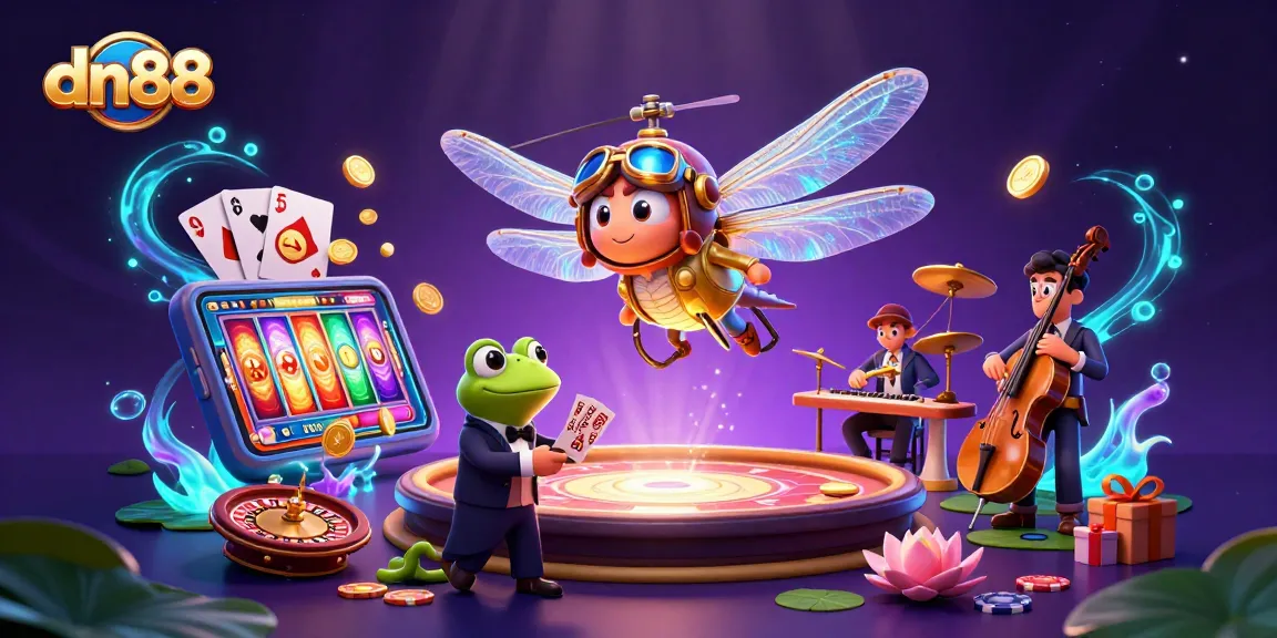 Experience vibrant gameplay with dn88 at the lily pad casino featuring dragonfly pilots and fun music.