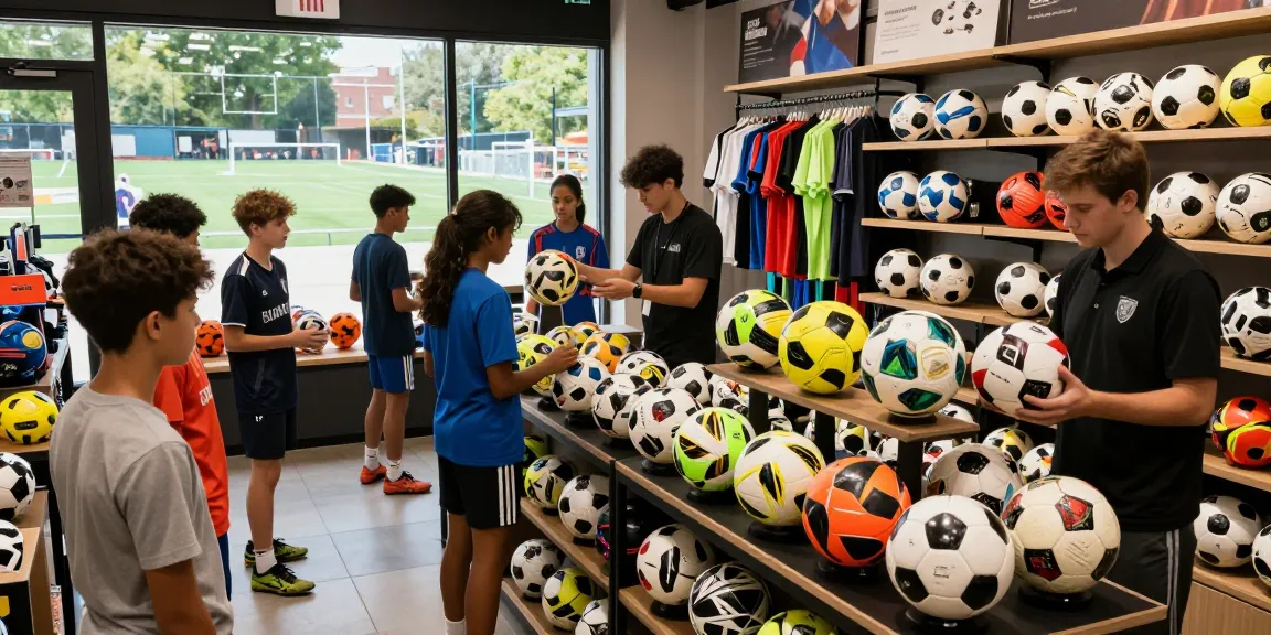 Fußball online kaufen in einem lebhaften Sportgeschäft, junge Spieler wählen hochwertige Bälle aus.