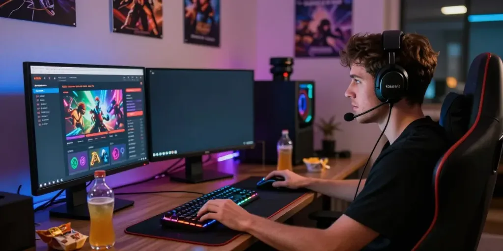 Engaged gamer enjoying Man88 online gaming platform with vibrant setup.