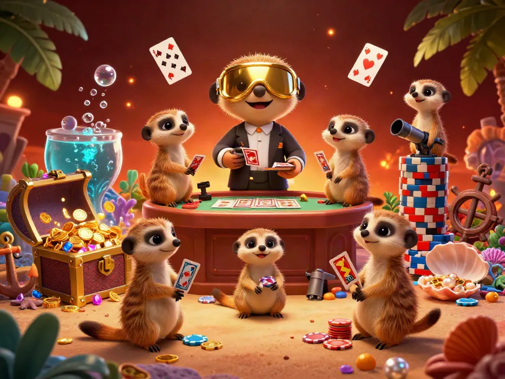 Engage in thrilling casino action with vic88cp's lively meerkat characters managing a vibrant gambling operation.