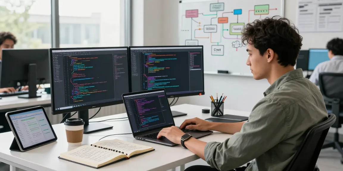 Build internal tools with AI in a modern workspace featuring a developer coding at dual monitors.