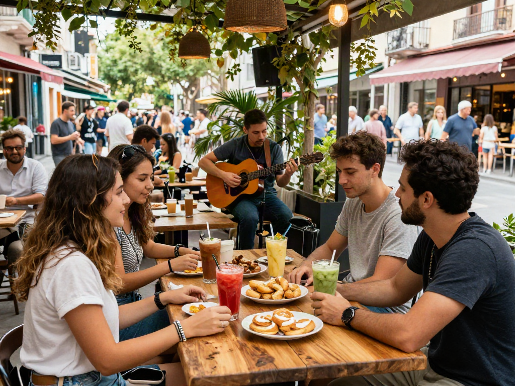 Friends enjoying vibrant outdoor café atmosphere while exploring rokok88 lifestyle.