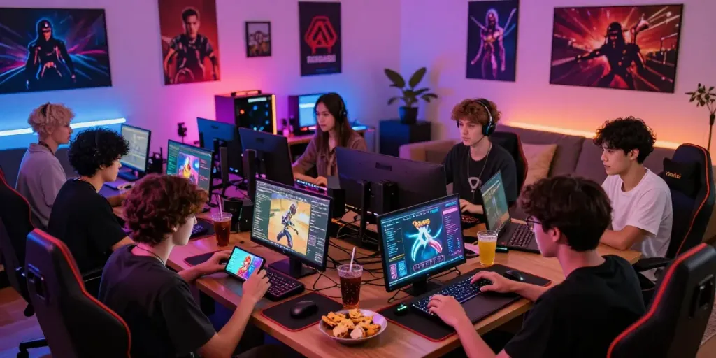 Friends gaming online with rokok88 merchandise in a vibrant setting