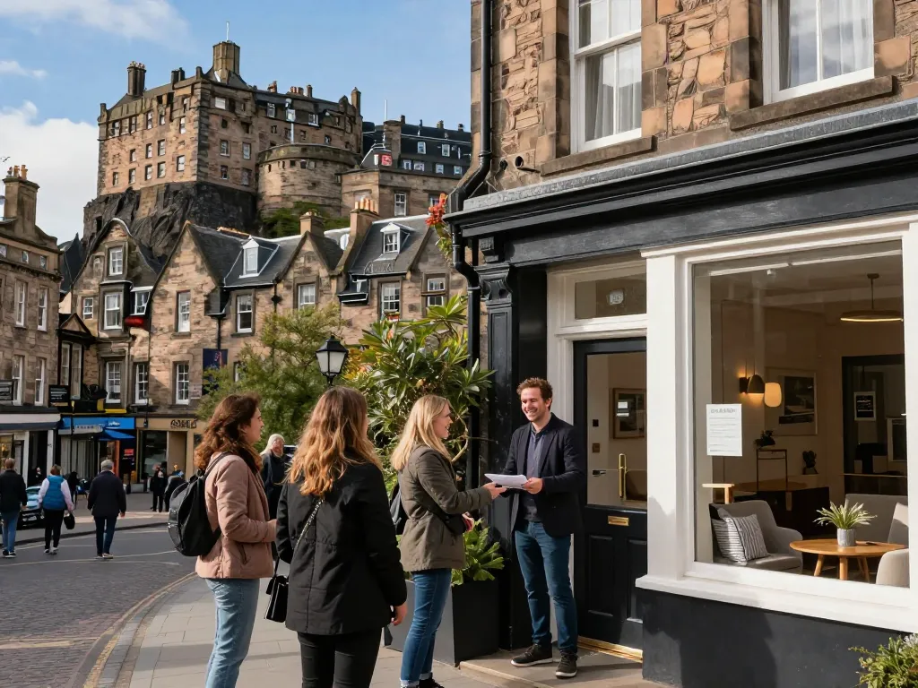 Welcoming scene illustrating Airbnb management in Edinburgh with hosts greeting guests alongside a stylish city property