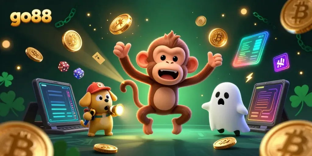 Experience excitement at Go88 with a haunted casino scene, featuring a playful poltergeist monkey and a brave ghost-hunter puppy.