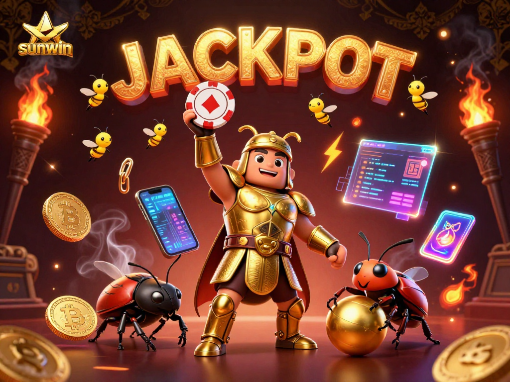 Winning at sunwin, cartoon beetles celebrate victory amid a dazzling casino atmosphere