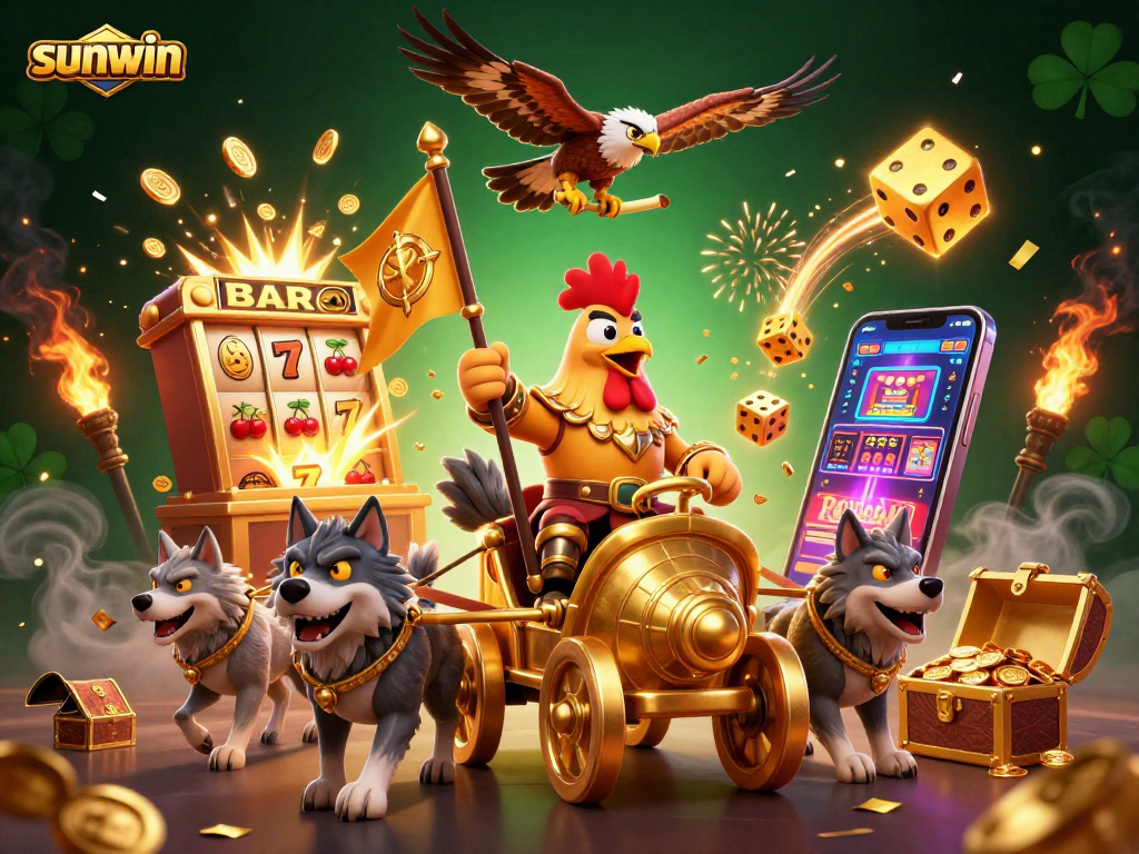 Win big with sunwin's vibrant 3D casino scene featuring a rooster warlord and jackpot elements.
