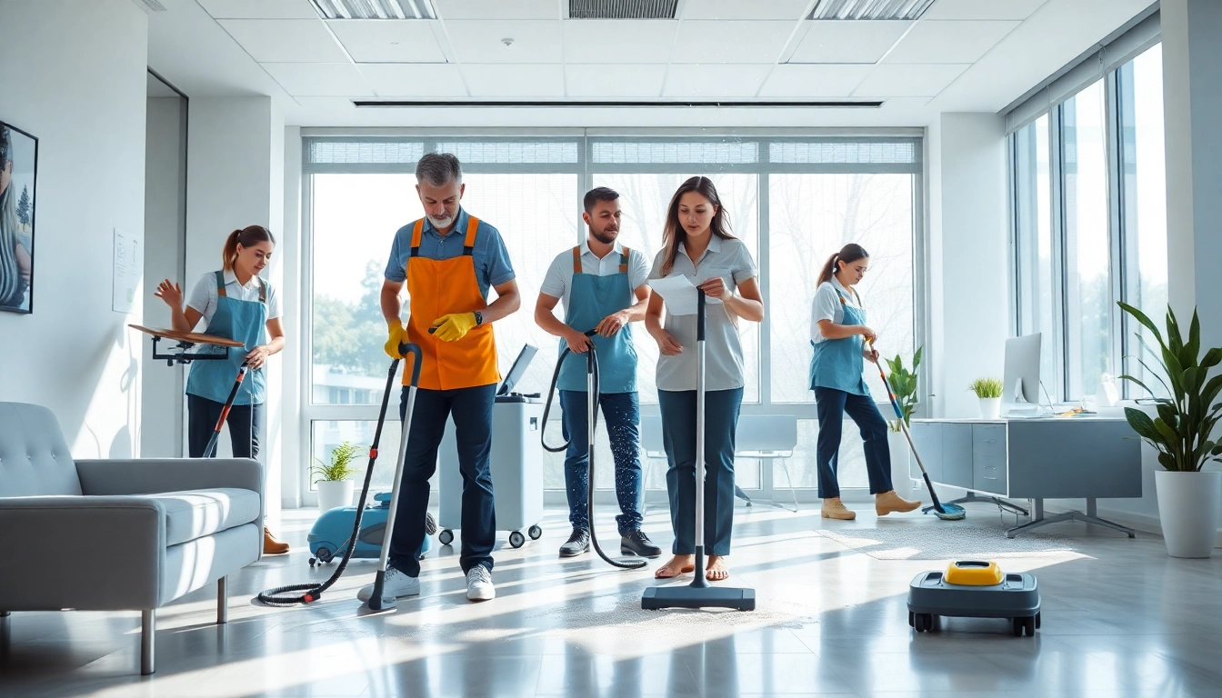 Professionelle Gebäudereinigung Ulm durch ein engagiertes Team in einem modernen Büro.
