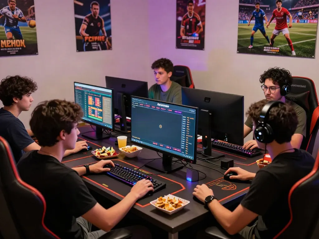 Friends intensely gaming with Alternatif Bola88 interface in a vibrant online betting atmosphere.