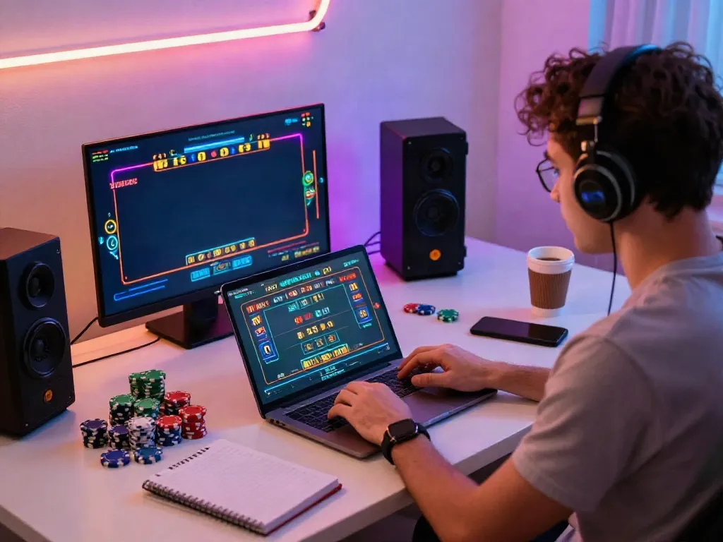 Engaged player enjoying live casino games on a laptop at home with vibrant lighting and gaming accessories, fc88.