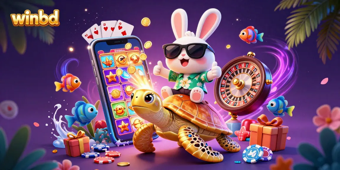 Engage in exciting wins at winbd with an adorable 3D rabbit on a golden turtle amidst vibrant gambling elements.