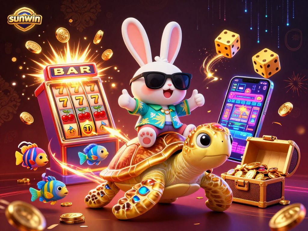Experience jackpot excitement with sunwin as a lucky rabbit and sea turtle celebrate wins surrounded by slots.