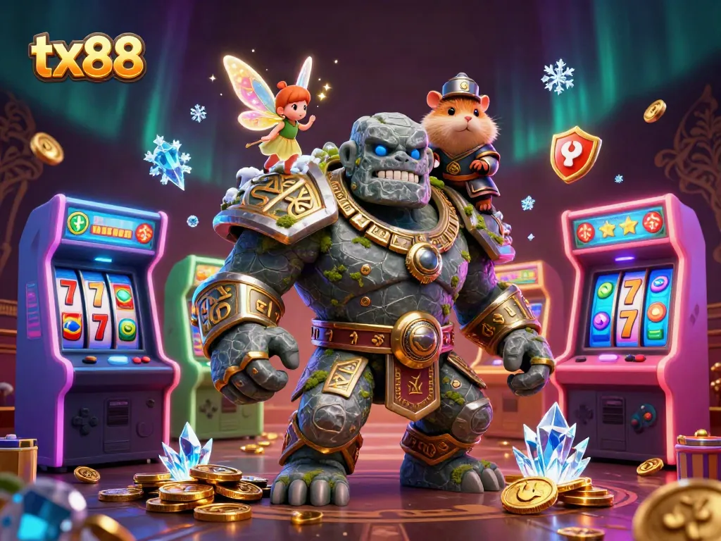 Experience thrilling adventures with the tx88 casino, featuring a majestic golem, fairy magic, and vibrant gaming elements.