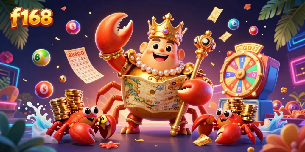 Join the fun at f168 with an extravagant 3D casino scene featuring a golden crab emperor and lively game elements.