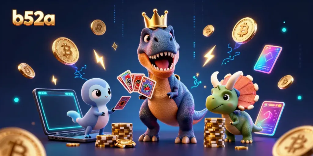 B52a's animated casino scene features a T-Rex playing cards while a pterodactyl assists, highlighting crypto elements.