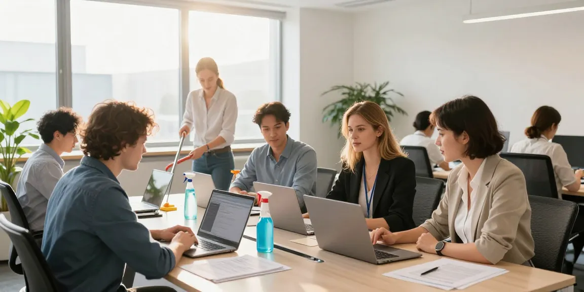 Sauberes Büroumfeld, das professionelle Zusammenarbeit zeigt und die Dienstleistungen der Gebäudereinigung Solothurn für einen sauberen Arbeitsplatz hervorhebt.