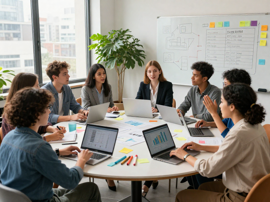 Team collaboration around a table at http://debet-app.com, showcasing ideas and strategy in a vibrant workspace.