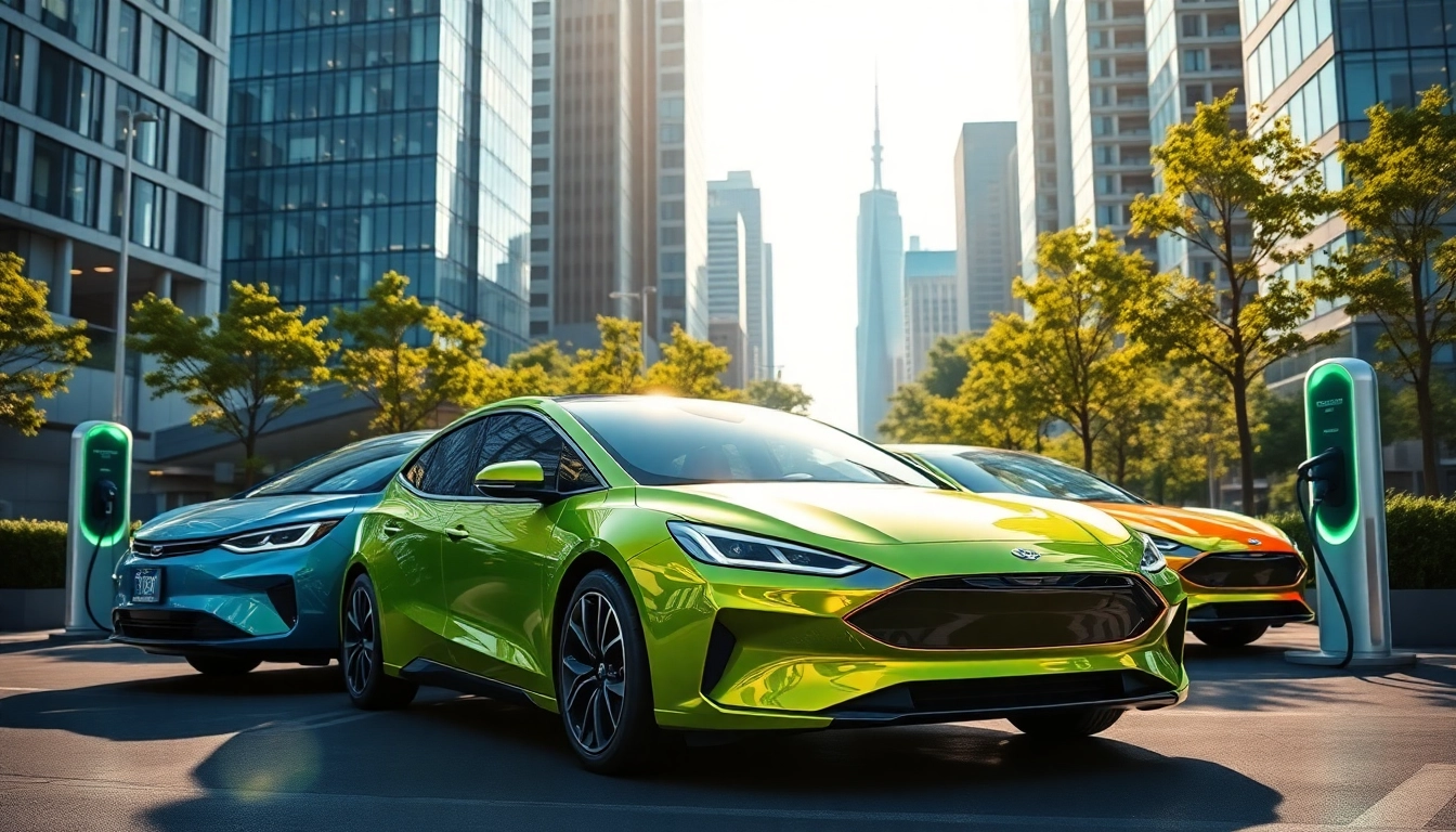 Elektroautos auf Ladepunkten vor einer futuristischen Stadtkulisse mit grünen Flächen.
