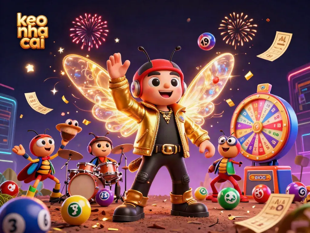 Join the excitement of keo nha cai with lottery balls bouncing dynamically in a vibrant casino celebration scene.