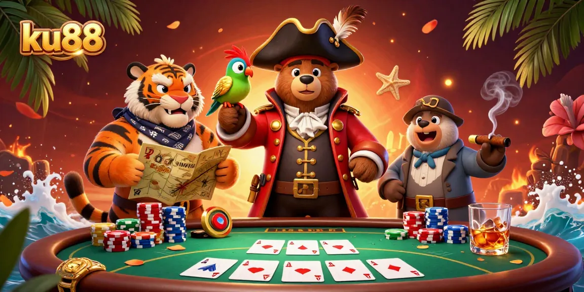 ku88 showcases a vibrant card scene with a pirate bear, tiger mate, and poker elements.