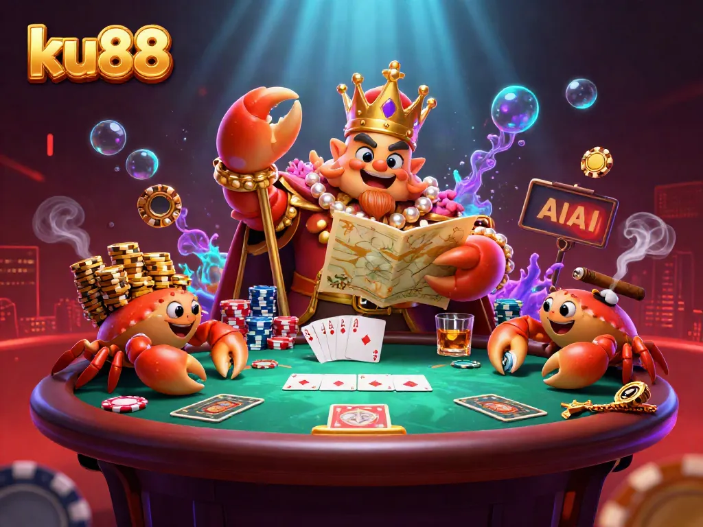 ku88 offers a lively casino scene with a 3D golden crab emperor presiding over a poker table full of vibrant game elements.