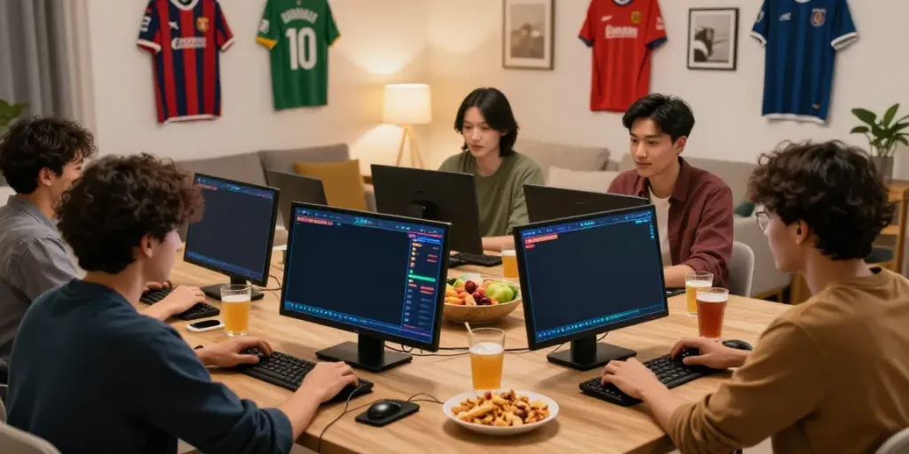 Friends enjoying online betting experience at home with screens displaying games on https://uk88win.org/.