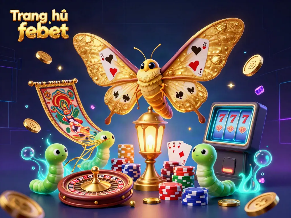 Experience the luxury of gaming with Trang chủ febet, featuring a vibrant 3D casino scene showcasing an atlas moth and casino elements.