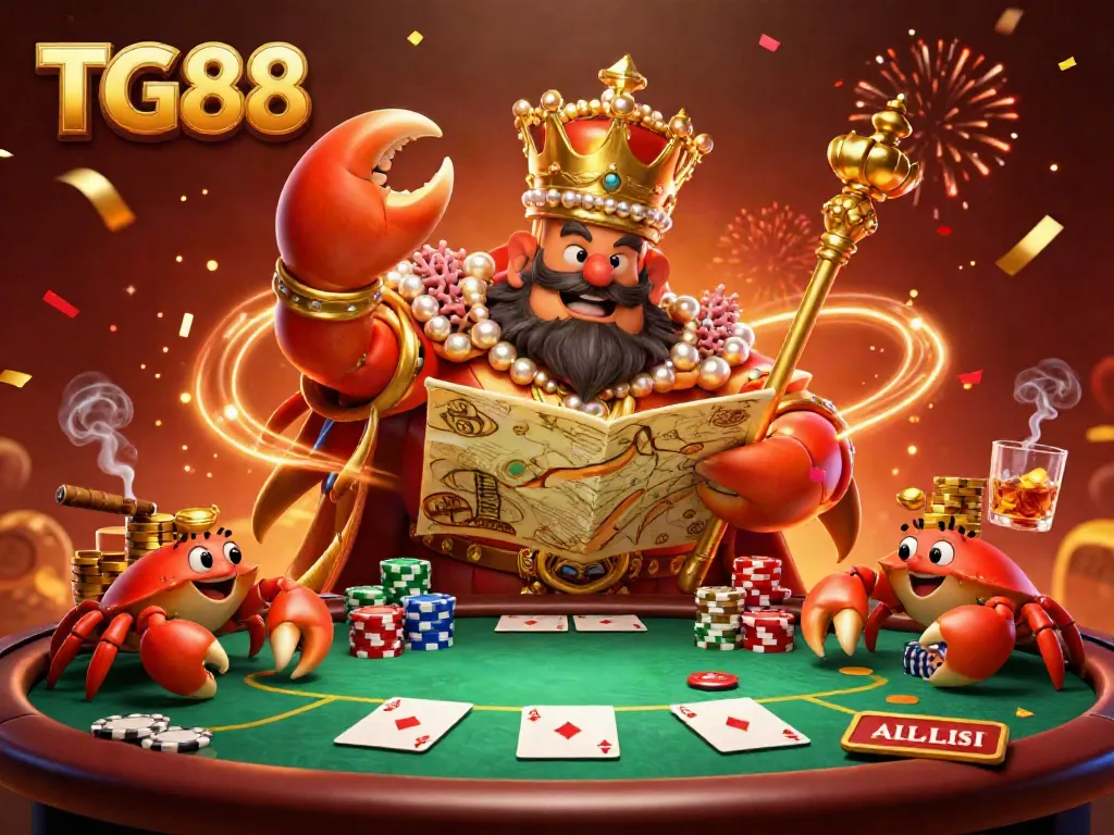 Experience the thrilling world of TG88 as a golden crab emperor presides over a vibrant poker scene filled with excitement.