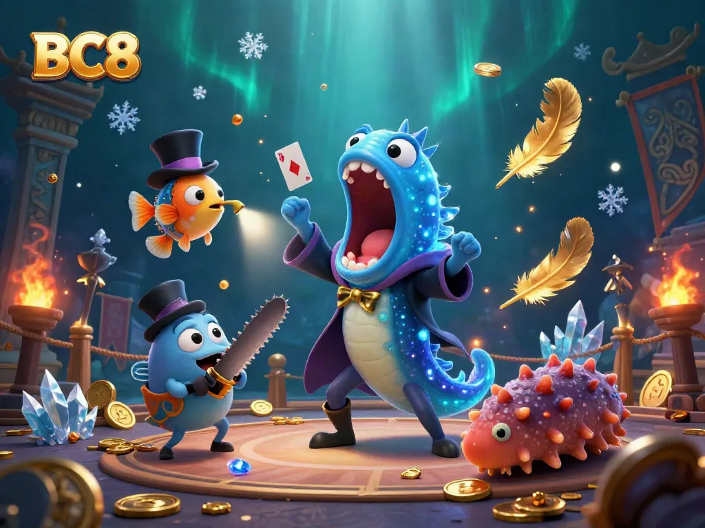 Experience the excitement of BC8 with a captivating 3D scene featuring a bioluminescent gulper eel magician performing thrilling card tricks.
