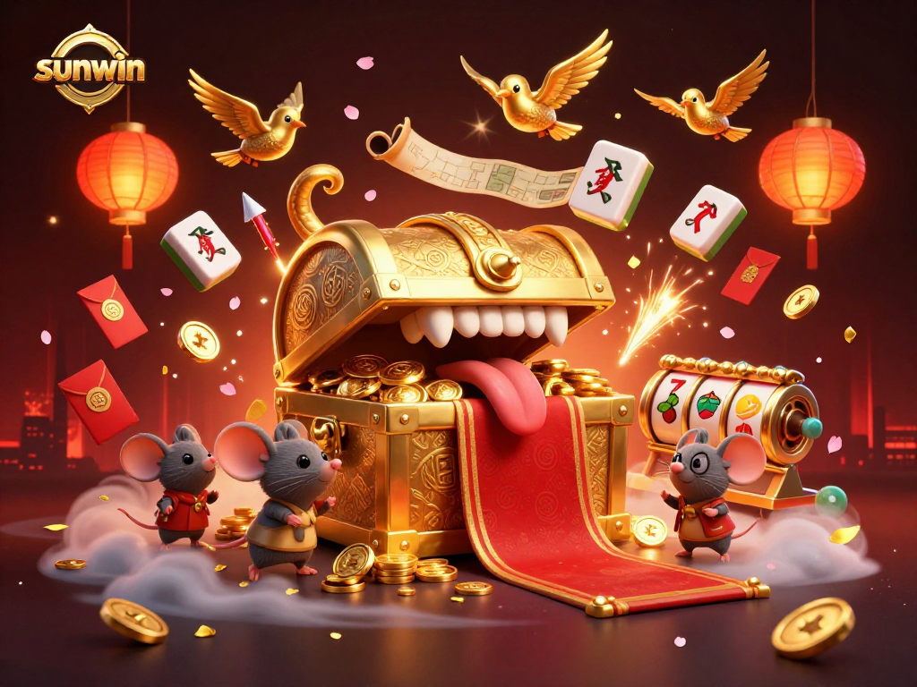 Sunwin entices players with a golden treasure chest and vibrant casino elements in an engaging scene.
