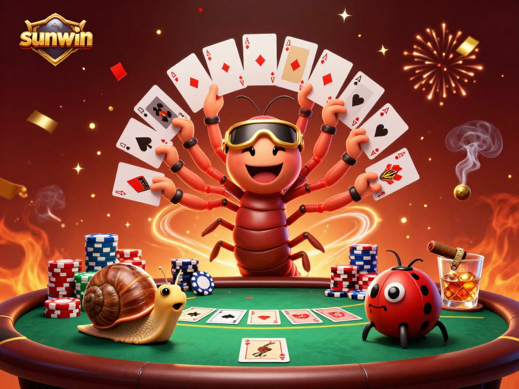 sunwin showcases a lively casino scene with a millipede dealer handling cards and a snail pushing chips
