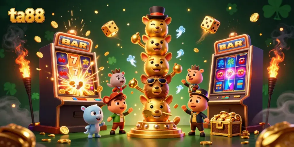 Experience thrilling gambling action at ta88 with a dynamic casino extravaganza illustration featuring slot machines, coins, and colorful game elements.