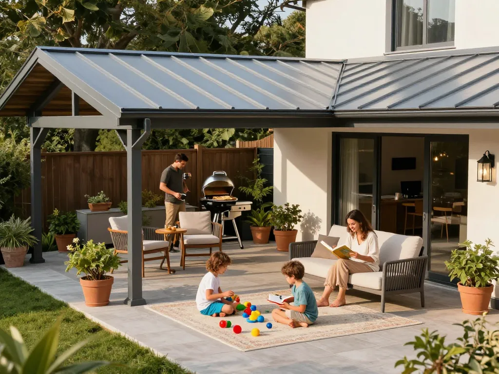 Beeindruckende Terrassenüberdachung mit Familie, die Aktivitäten im Freien genießt, verbessert die Ästhetik und Funktionalität des Hauses.