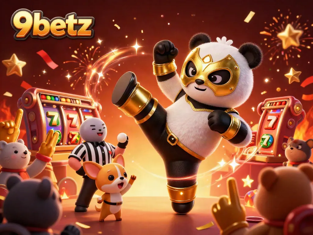 9betz showcases a lively casino scene with a panda wrestler kicking and a chihuahua referee counting, surrounded by slot game elements.