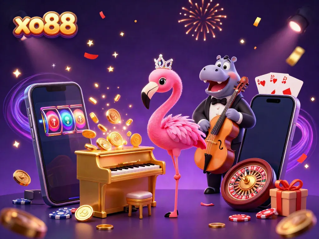 Players enjoy exciting slots and games at xo88, surrounded by lively casino characters and bright visuals.