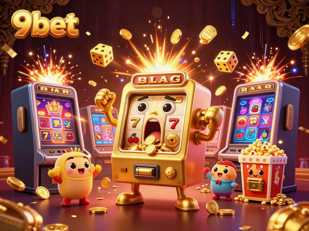 Experience thrilling 9bet casino excitement as jackpot coins overflow from a golden slot machine in a vibrant scene.