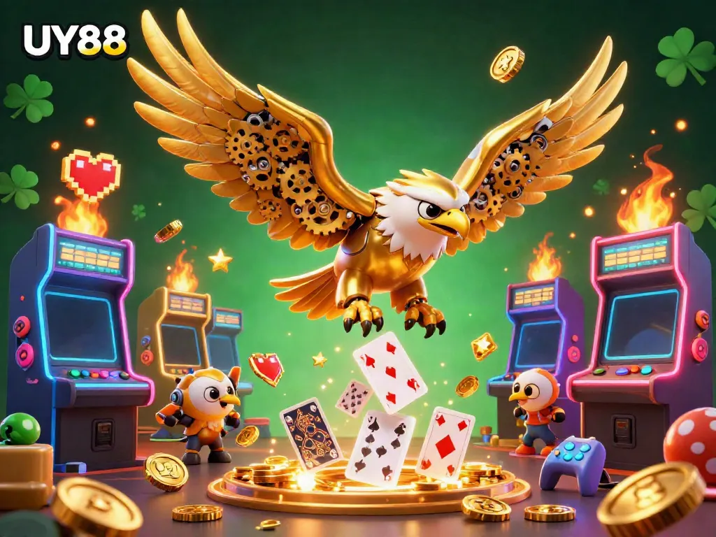 Experience the thrilling world of UY88 with a golden eagle soaring through vibrant gaming action.