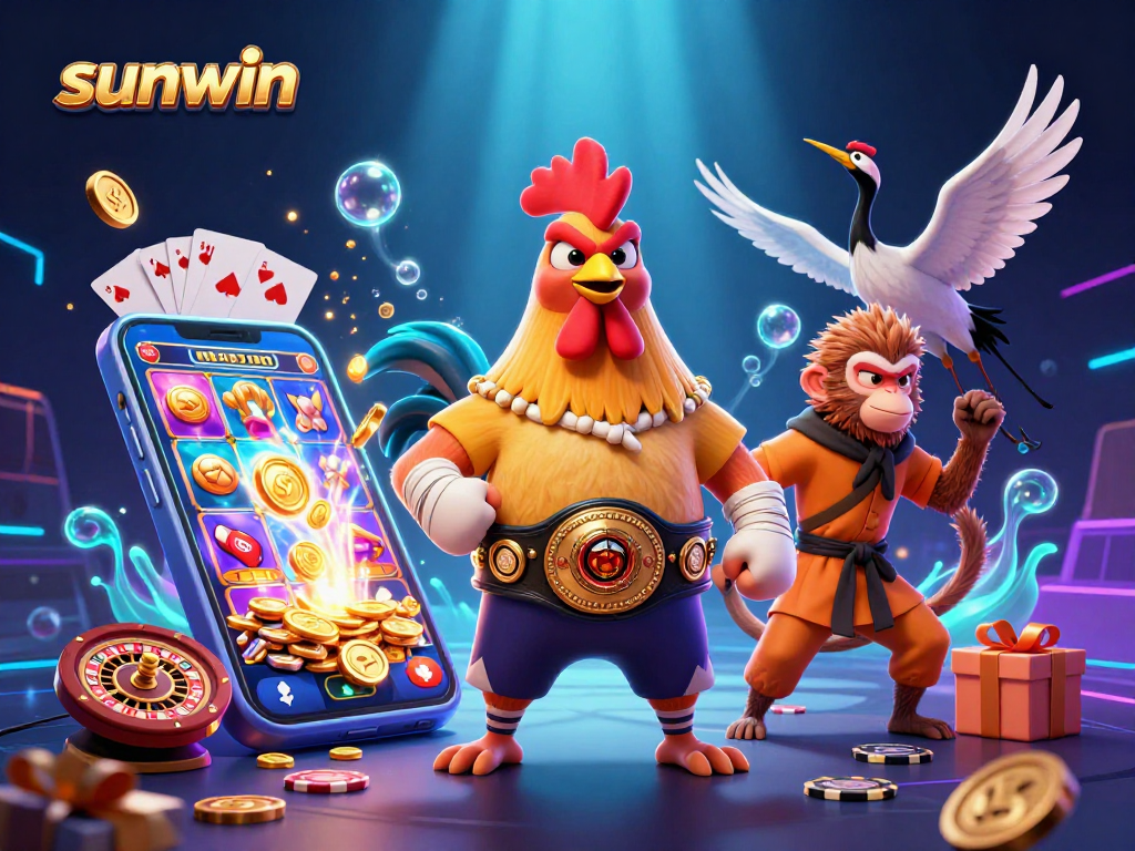 Experience sunwin's exciting gameplay with a vibrant 3D casino scene featuring captivating characters and dynamic elements.