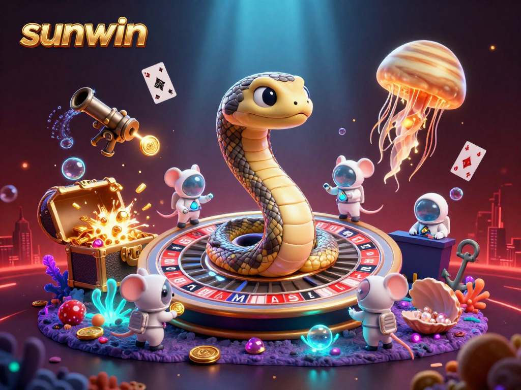 Experience the thrilling action of sunwin with a vibrant 3D cosmic casino scene featuring unique characters.